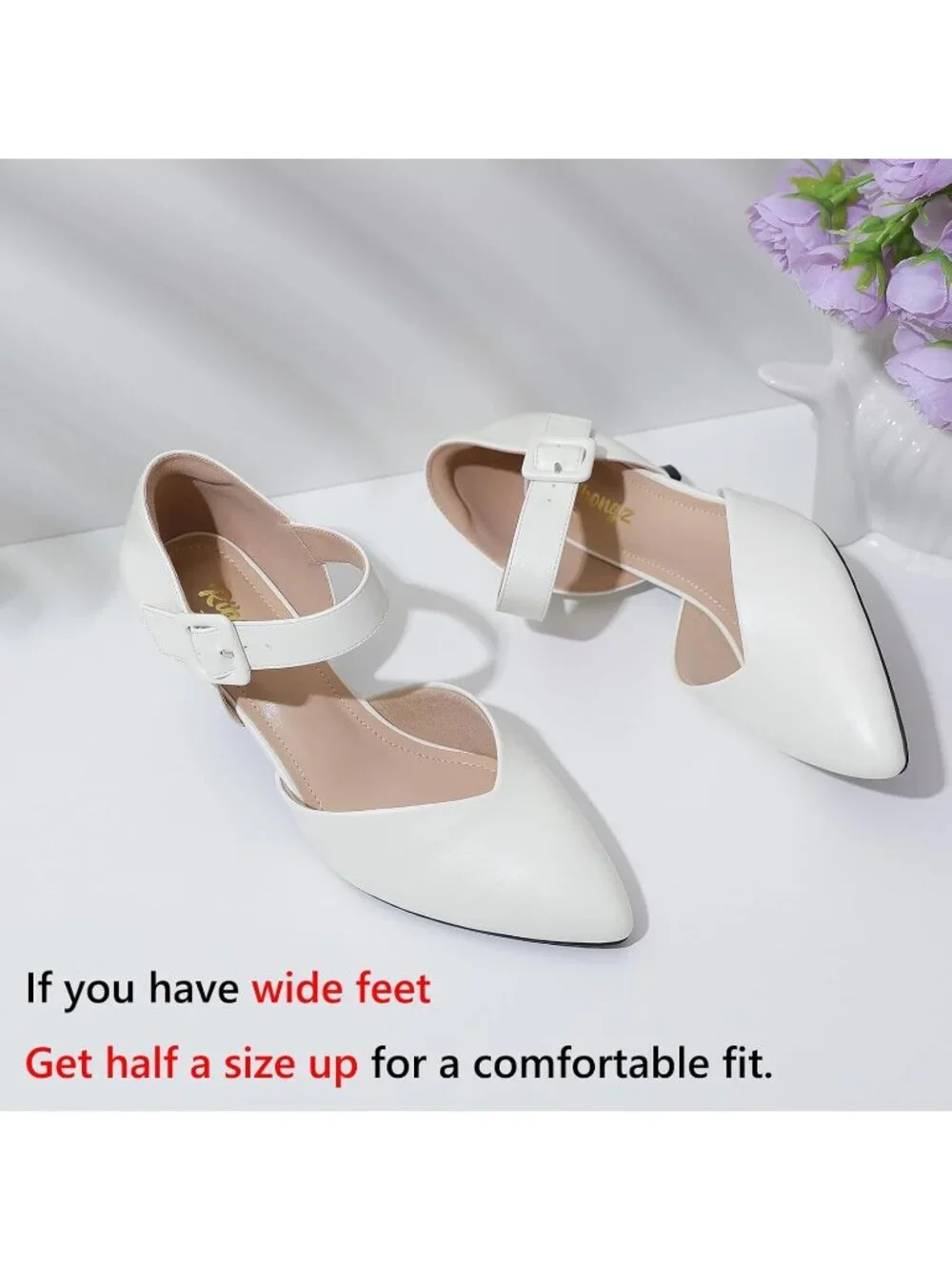 Women's White Closed Pointed Toe Ankle Strap Buckle Heels Slip on Low Heel Shoes